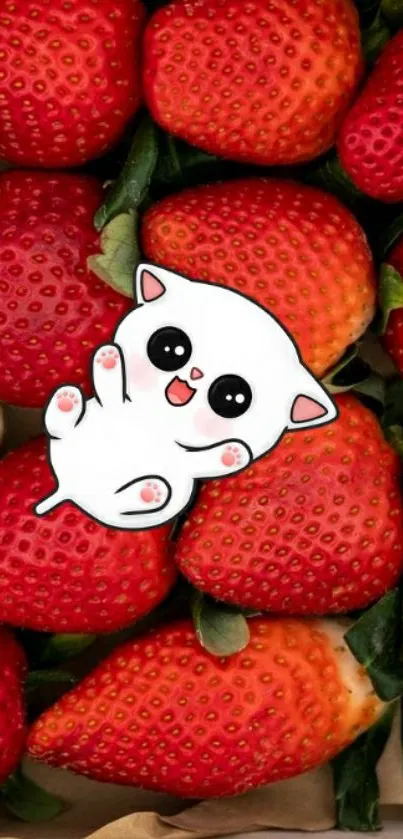 Cartoon cat lounging on vibrant strawberries.