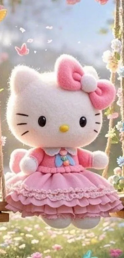 Adorable cat character on swing in a floral background.