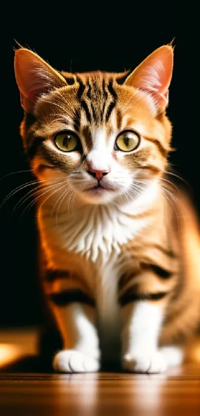 Adorable kitten sitting on a wooden floor with warm amber lighting.