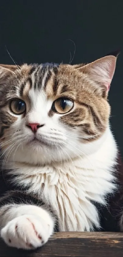 Cute cat with fluffy fur resting on wooden table.