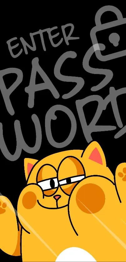 Cute cartoon cat with password prompt on black wallpaper.