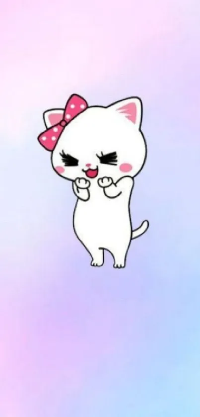 Cute cartoon cat with pink bow on pastel background.