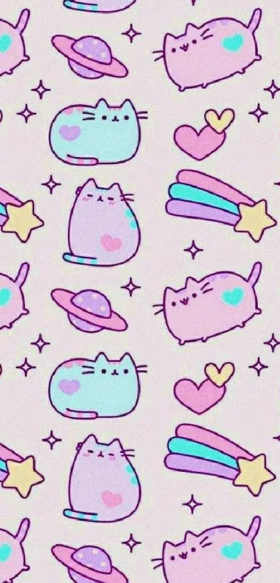 Cute pastel cat wallpaper with hearts and stars.