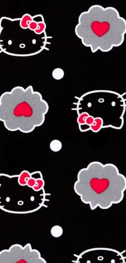 Black wallpaper with cute cat faces and red heart designs.