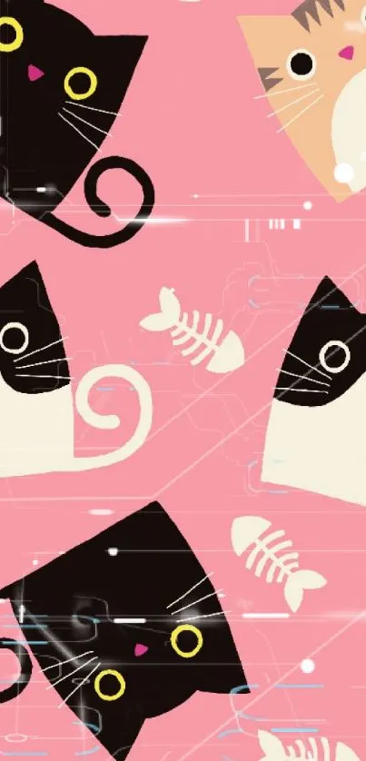 Cute cat pattern on a pink background with playful kitten illustrations.