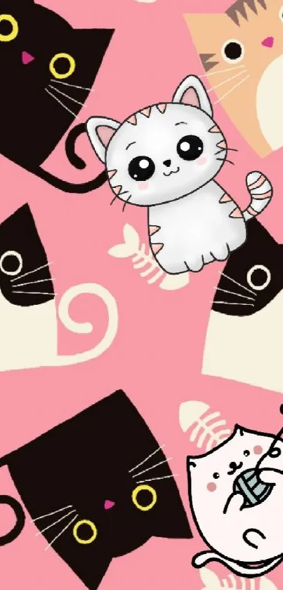 Cute cartoon cats pattern wallpaper in pink.