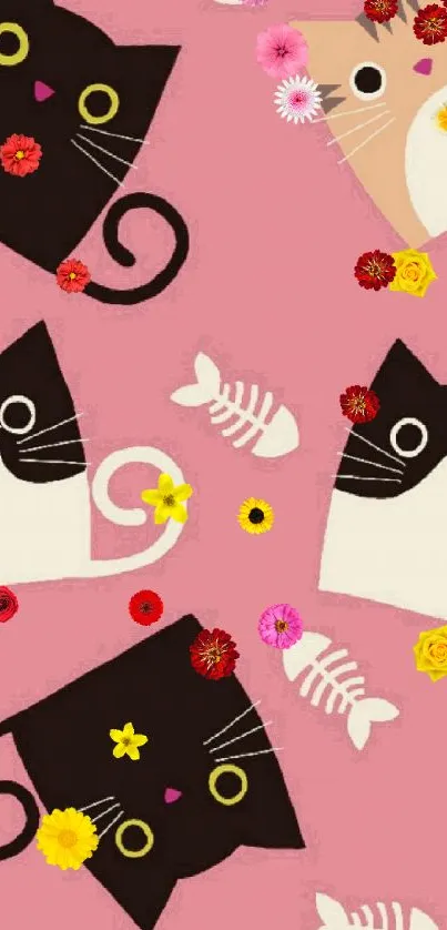 Cute cats on a pink patterned wallpaper for mobile phones.