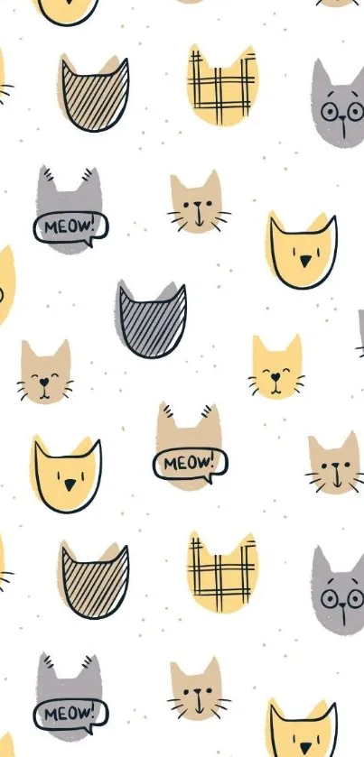 Cute cat illustrations in yellow and gray on a white background.