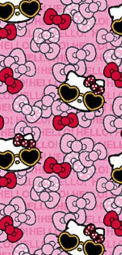 Cute cat pattern with bows and sunglasses on pink background wallpaper.