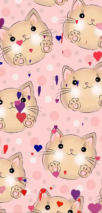 Cute cartoon cat pattern with pink polka dots.