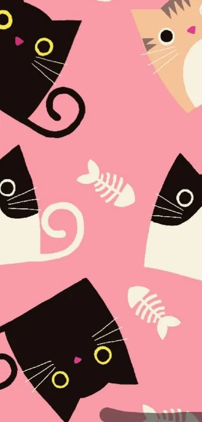 Playful cat-themed wallpaper with pink background.