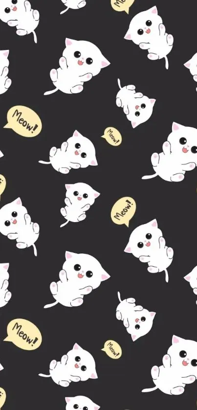 Adorable cartoon cats pattern on a black background with meow bubbles.