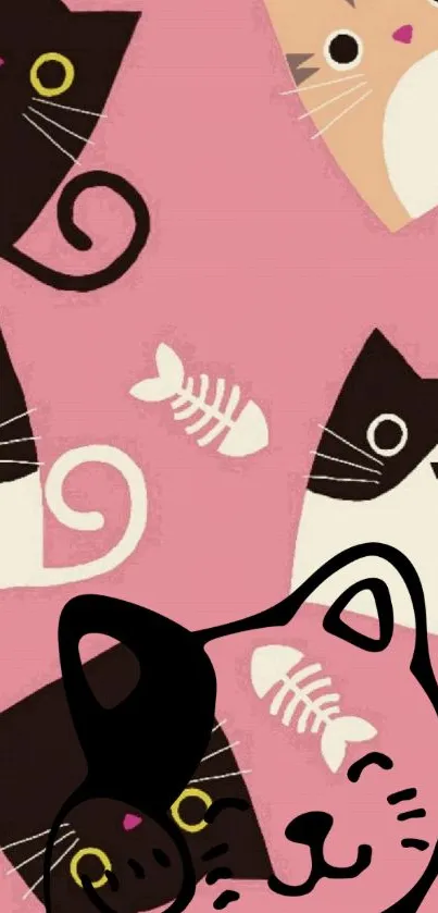 Cute cartoon cats on a pink background wallpaper.