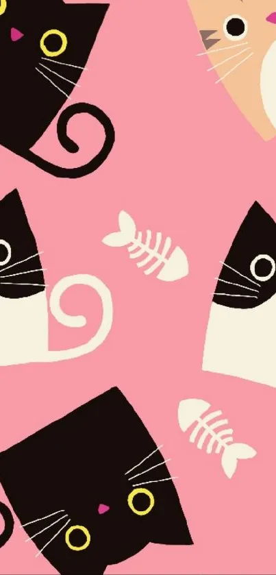 Cute pink patterned wallpaper with artistic cats and fish bones.