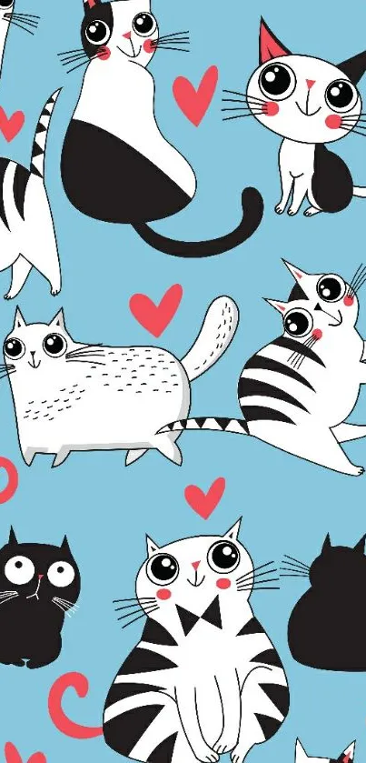 Cute cat pattern wallpaper with pink hearts on a light blue background.