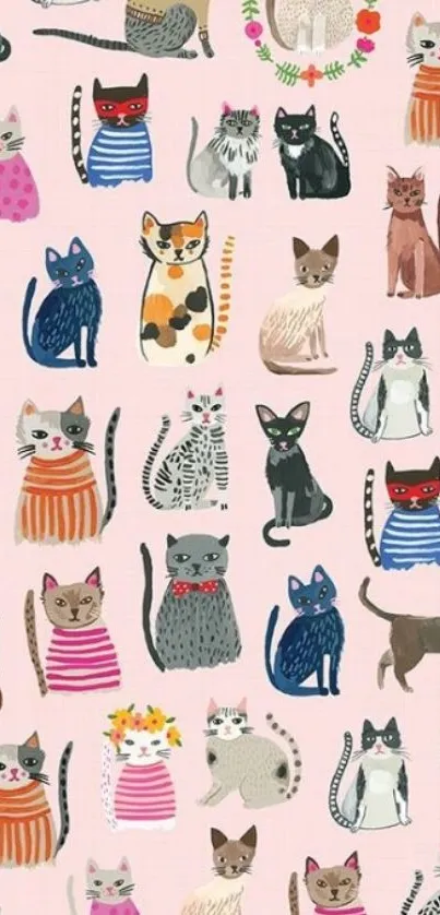 Hand-drawn cats on pastel pink wallpaper.