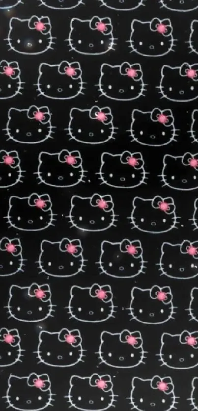 Cute cat pattern with pink bows on black background wallpaper.