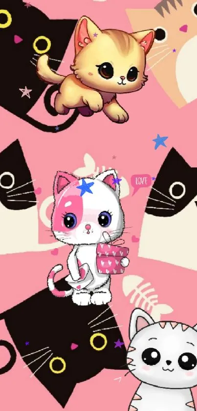 Cute pink wallpaper with cartoon cats and kittens.