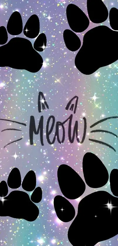 Cat paw and galaxy phone wallpaper with 'Meow' text.