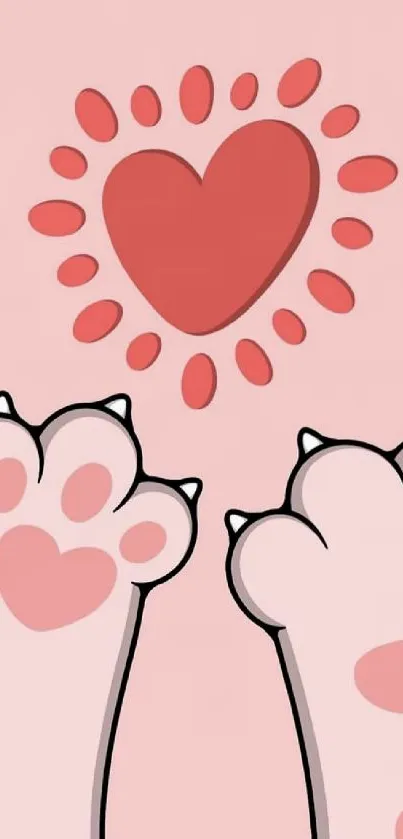 Cute cat paws and heart wallpaper with pink background.