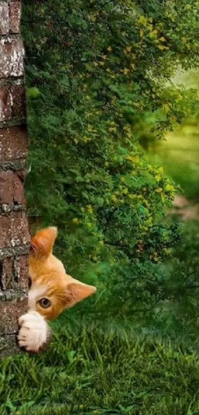 A cute orange cat peeks from behind a brick wall in a lush green setting.