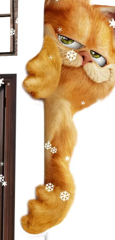 Adorable orange cat peering from a wall with snowflake accents.