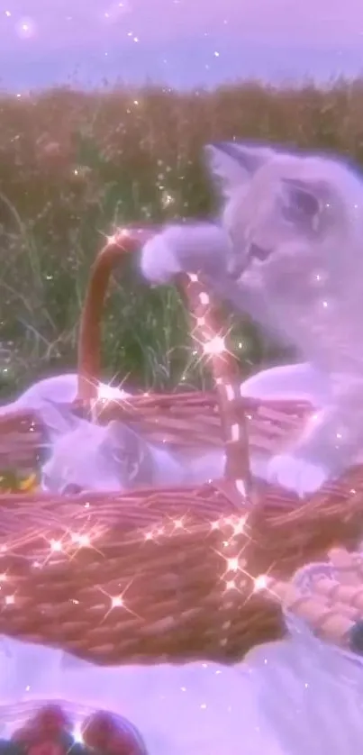 Pastel-themed cat picnic with kittens and sparkle.