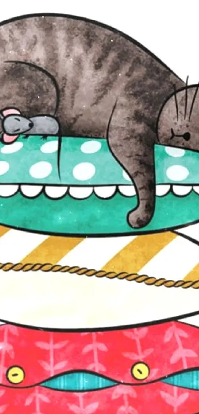 Cartoon cat sleeping on colorful patterned pillows.