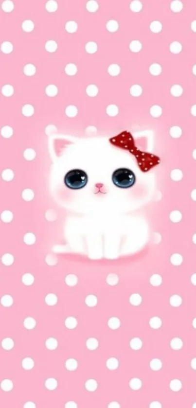 Cute white cat with red bow on pink polka dot background wallpaper.