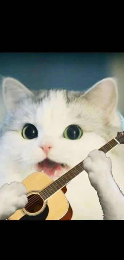 Fluffy white cat humorously playing a small guitar.