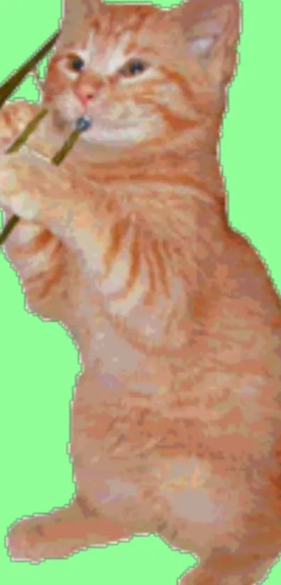 Orange tabby cat playing a trombone with a green background.