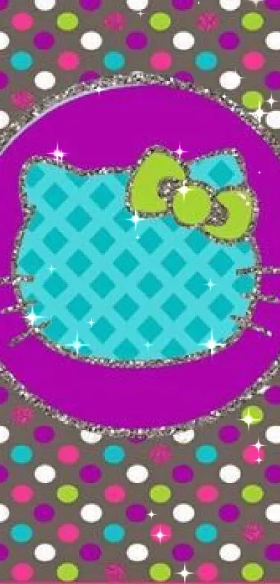 Cute cat silhouette on purple polka dot mobile wallpaper.