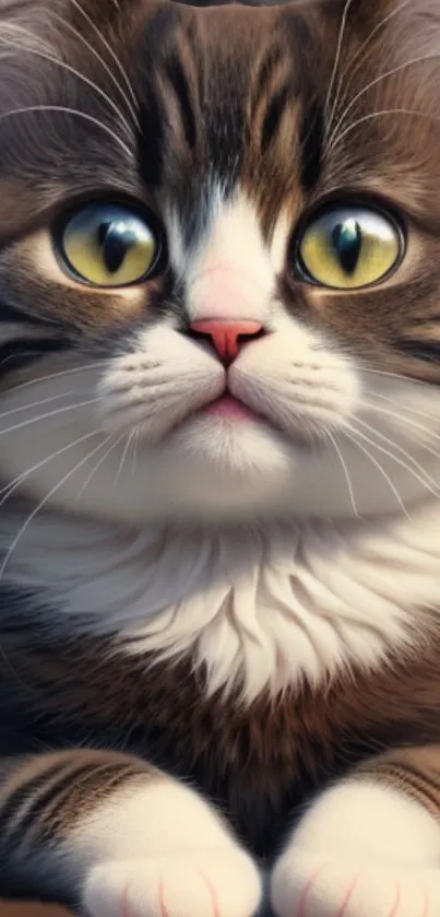 Wide-eyed cute cat with fluffy fur on mobile wallpaper.