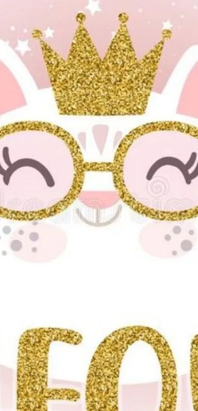 Cute cartoon cat with gold crown and glasses.