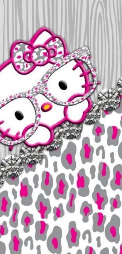 Cute cat wallpaper with pink patterns and leopard print on a mobile phone screen.