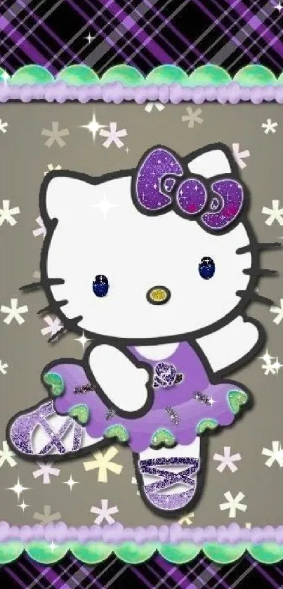 Adorable purple Hello Kitty with stars background.