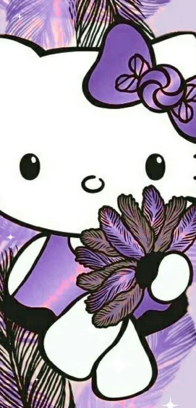 Cute cartoon cat with purple background and feather details.