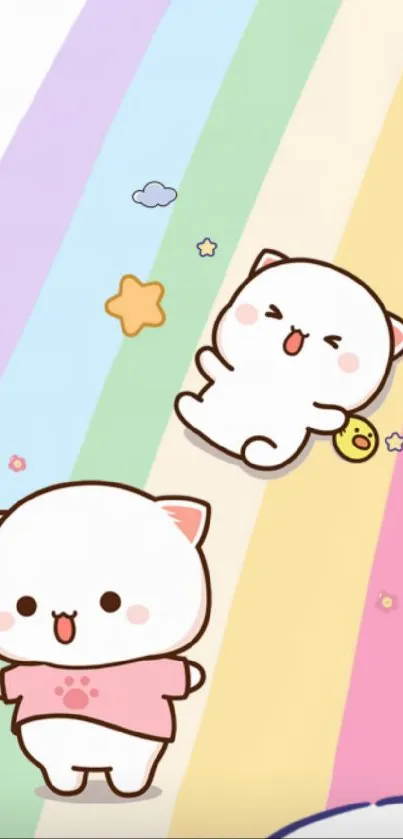 Adorable cats on pastel rainbow wallpaper.