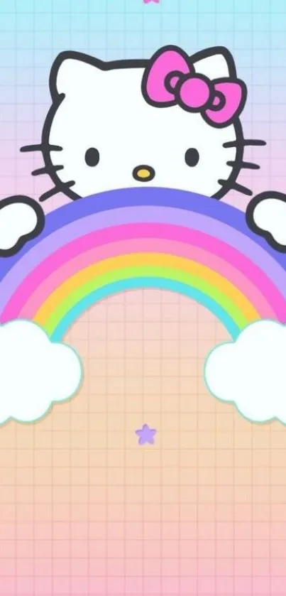 Cute cartoon cat on rainbow with pastel clouds and stars.