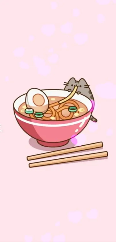 Cute cartoon cat with ramen bowl on pink background.