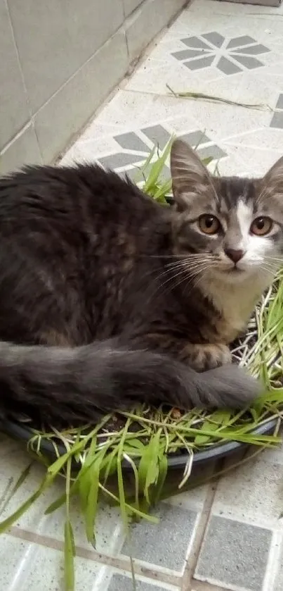 Fluffy gray cat resting on green grass.