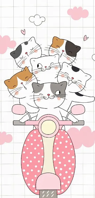 Cute cats riding a pink polka dot scooter.