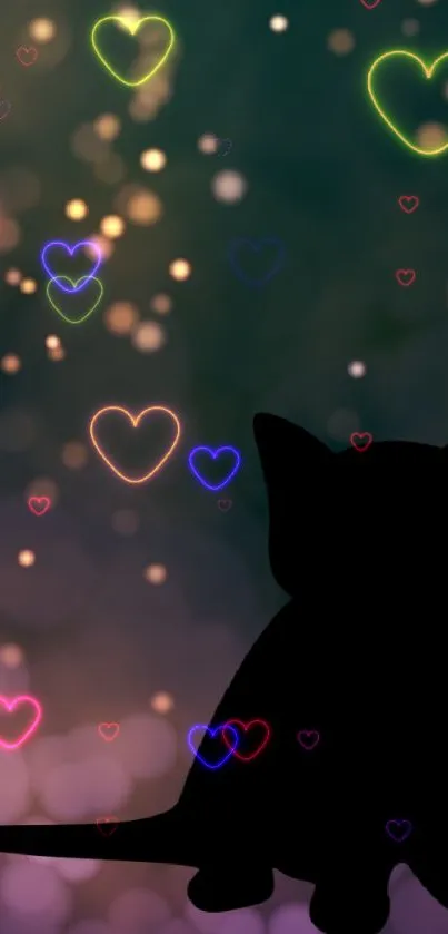 Silhouette of a cat against colorful bokeh lights in a dark background.