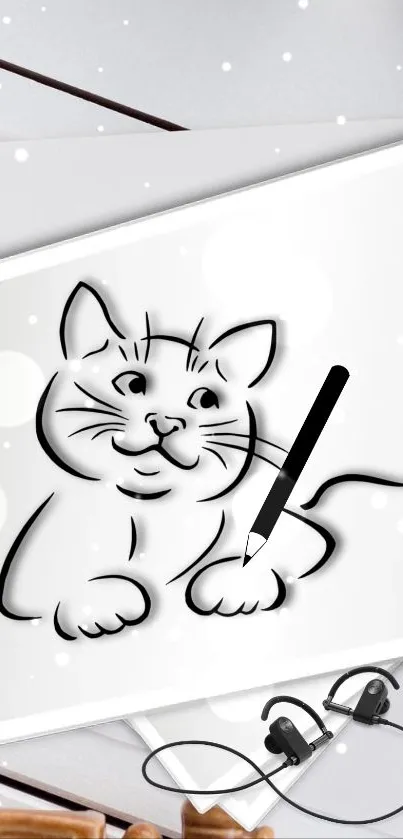 Stylish cat sketch wallpaper with headphones and a pencil.