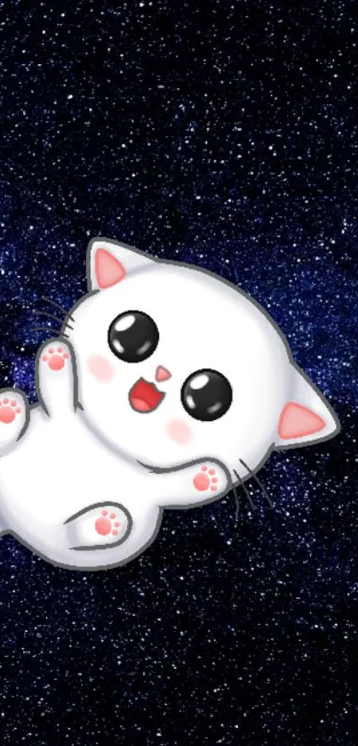 Cute cartoon cat floating in a starry space background.