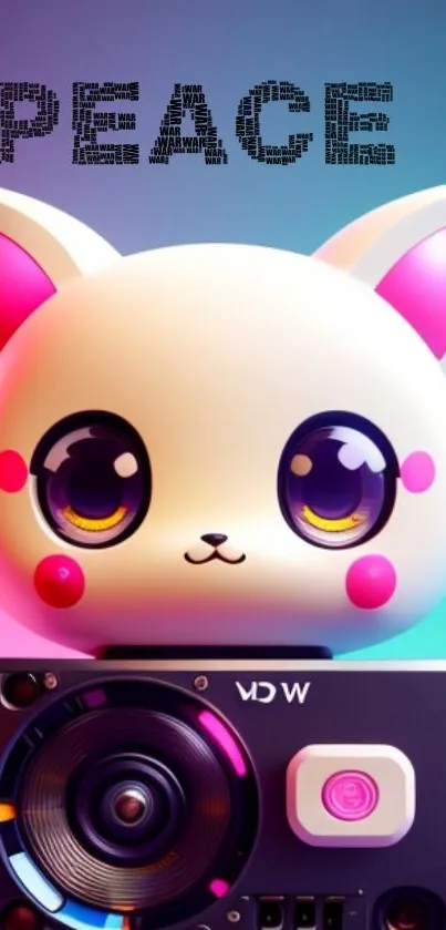 Cute kawaii cat speaker with vibrant colors and "PEACE" text.