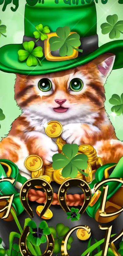 Cute cat in green hat with shamrocks and gold coins for St. Patrick's Day.