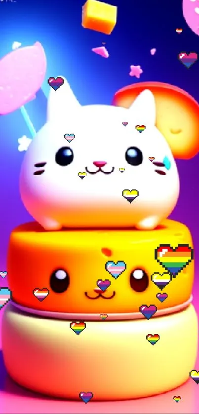 3D wallpaper with a cute white cat stacked on vibrant colors.