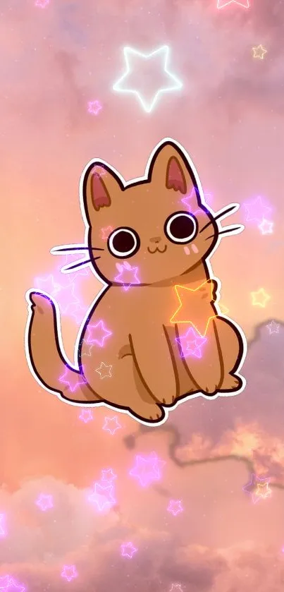 Cute cat surrounded by glowing stars in a dreamy pastel sky wallpaper.