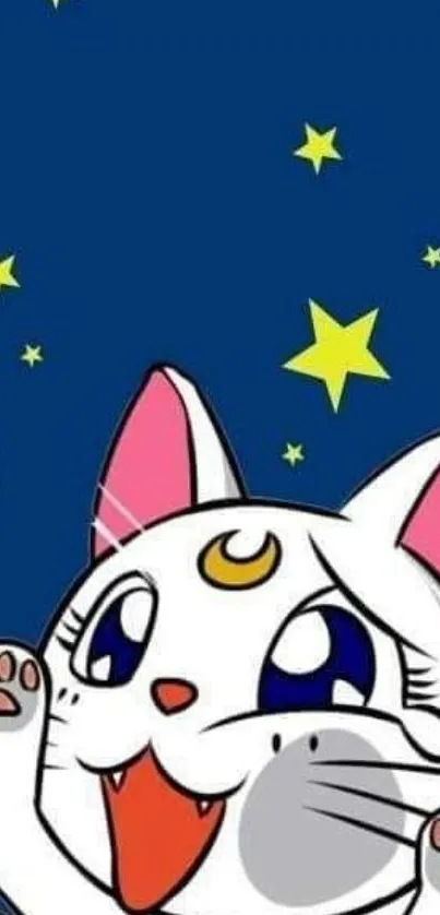 Cute anime cat with stars on a blue background wallpaper.